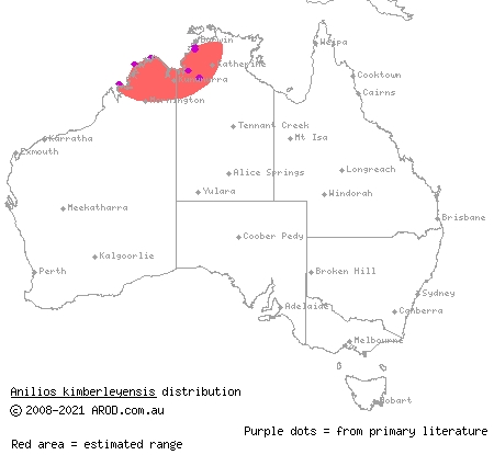 Kimberley shallow-soil blind snake (Ramphotyphlops kimberleyensis) distribution range map