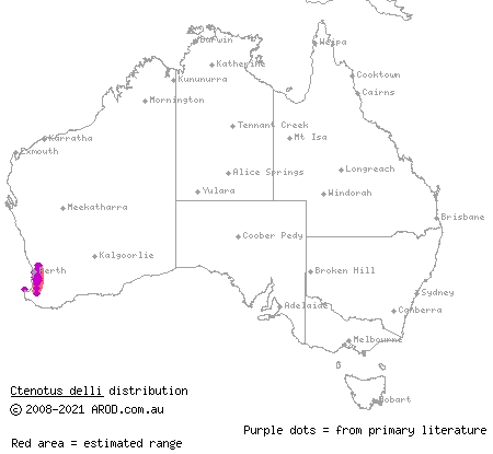 Darling Range heath ctenotus (Ctenotus delli) distribution range map