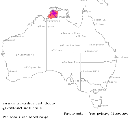 northern ridge-tailed monitor (Varanus primordius) distribution range map