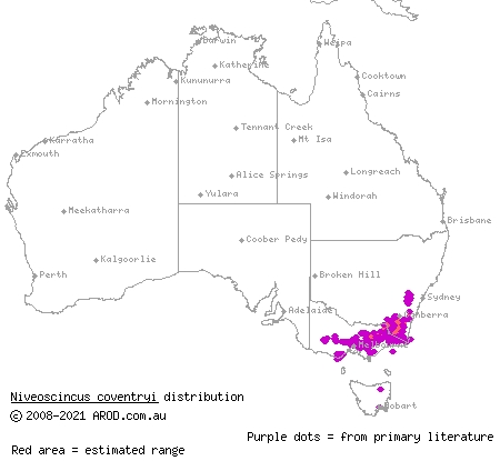 southern forest cool-skink (Niveoscincus coventryi) distribution range map