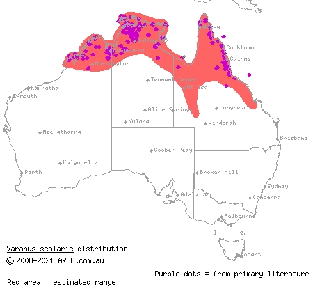 spotted tree monitor (Varanus scalaris) distribution range map