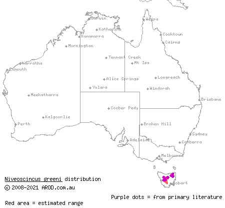 alpine cool-skink (Niveoscincus greeni) distribution range map