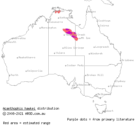 Barkly Death Adder (Acanthophis hawkei) distribution range map