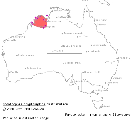 Kimberley death adder (Acanthophis cryptamydros) distribution range map