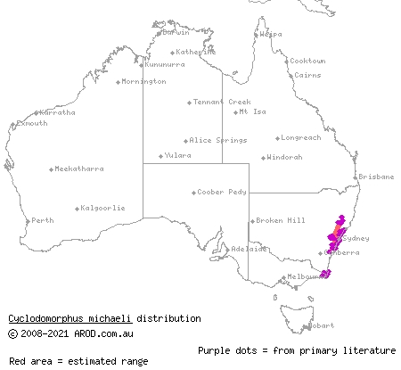 mainland she-oak skink (Cyclodomorphus michaeli) distribution range map