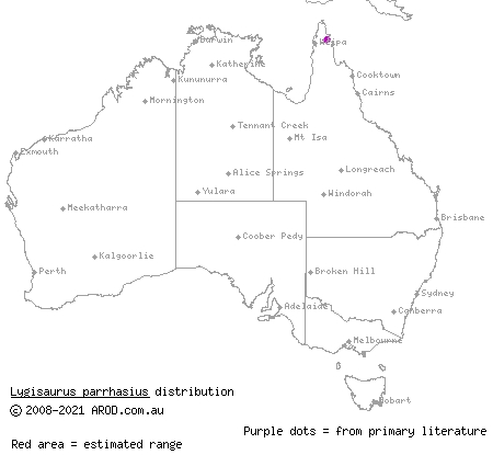 fire-tailed rainbow-skink (Lygisaurus parrhasius) distribution range map