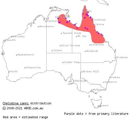 Cann's long-necked turtle (Chelodina canni) distribution range map