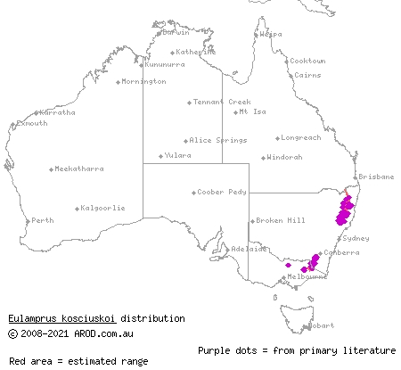 alpine water skink (Eulamprus kosciuskoi) distribution range map