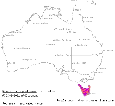 Tasmanian tree skink (Niveoscincus pretiosus) distribution range map