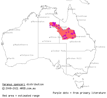 Spencer's monitor (Varanus spenceri) distribution range map