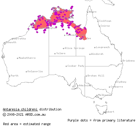 Children's python (Antaresia childreni) distribution range map
